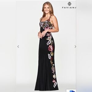Faviana Black Maxi Dress with Floral Embroidery